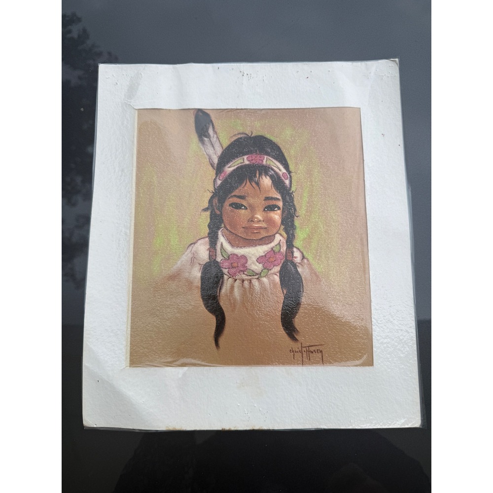 Vintage Chris Hensen Native American Girl Portrait Art Print Mid Century Modern